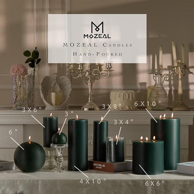 MOZEAL 3" x 6" Hand-Poured Unscented Candle,Dripless Pillar Candle Set of 3,Long Lasting Burning,Approx 120 Hours Burn Time,Rustic Country Style,for Wedding,Dinner,Christmas and Home Decor,Dark Green