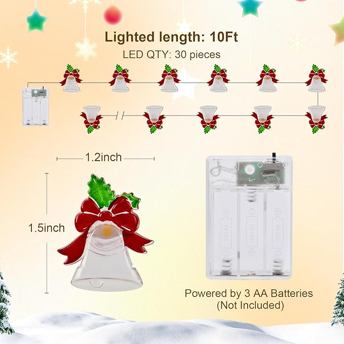 Brightown Fairy Lights Battery Operated with Bells, 10FT 30 LED String Lights with Timer, Warm White String Lights for Bedroom Christmas Indoor Party Wedding Decorations