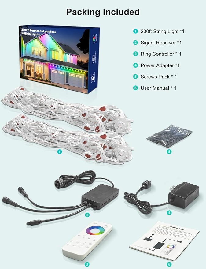 200ft RGB+ IC Permanent Outdoor Lights, Eaves Lights with 100 LED Lights, IP68 Waterproof, Music Sync with Remote Control for Garden Party Decor, Deck, Christmas with Cool White