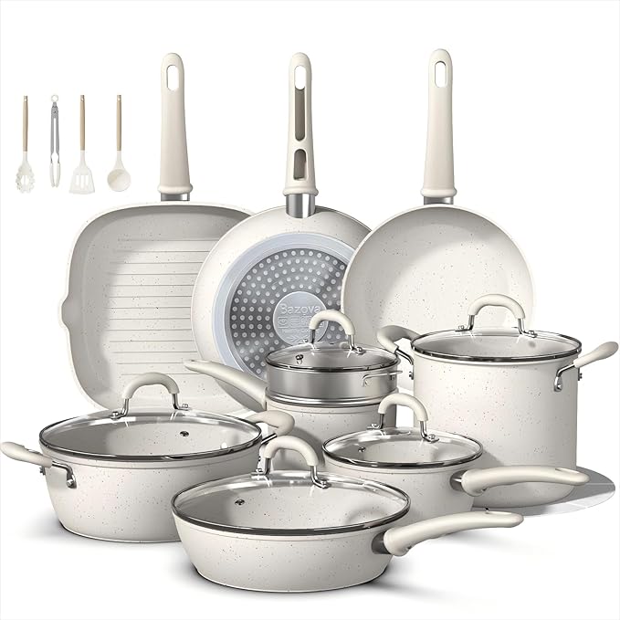 24 Pcs Pots and Pans Set Non Stick, Ceramic Cookware Set with 8QT Stock Pot, Healthy Non Toxic Kitchen Cookware, Large Capacity, Induction Compatible, PFAS/PTFE/PFOA/PFOS Free, Cream White