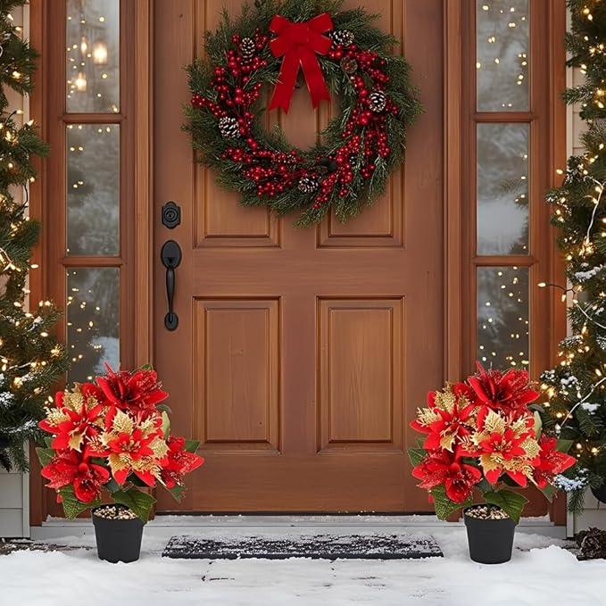 Poinsettia Artificial Christmas Flowers in Pot 7 Heads, 2PCS 13.8 Inch Fake Poinsettias Plants for Home Porch Office Indoor Outdoor Christmas Winter Decorations