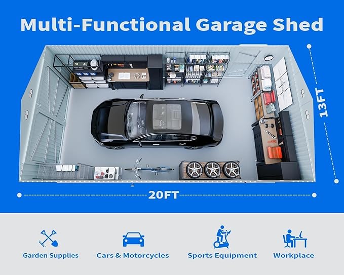 13x20 Outdoor Storage Shed, Extra Large Metal Garage Building, Heavy Duty Steel Car Shed with Side Door & Updated Frame Structure, Waterproof Carport for Car, Truck, Bike, Tool Storage, Dark Gray