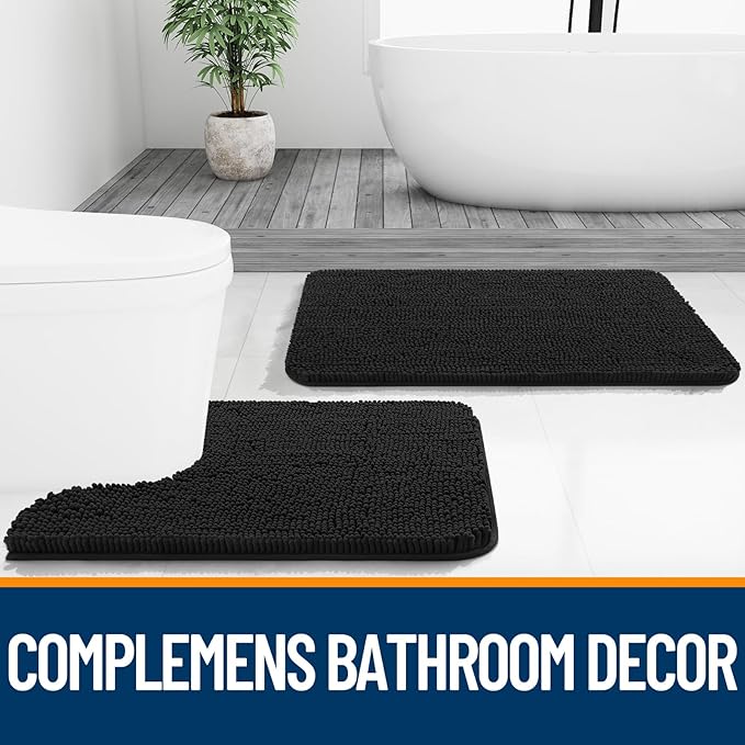 OLANLY Bathroom Rugs 36x24, Extra Soft Absorbent Chenille Bath Rugs, Rubber Backing Quick Dry, Machine Washable Bath Mats for Bathroom Floor, Tub and Shower, Home Decor Accessories, Black