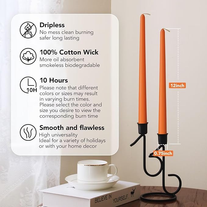 12-Inch Tall Unscented Dripless Taper Candles Bulk 30 Pack - Orange Taper Candles Bulk, Perfect for Wedding, Dinner - Smokeless, 8-10 Hour Long Burning - Colored Candlesticks Bulk - Orange