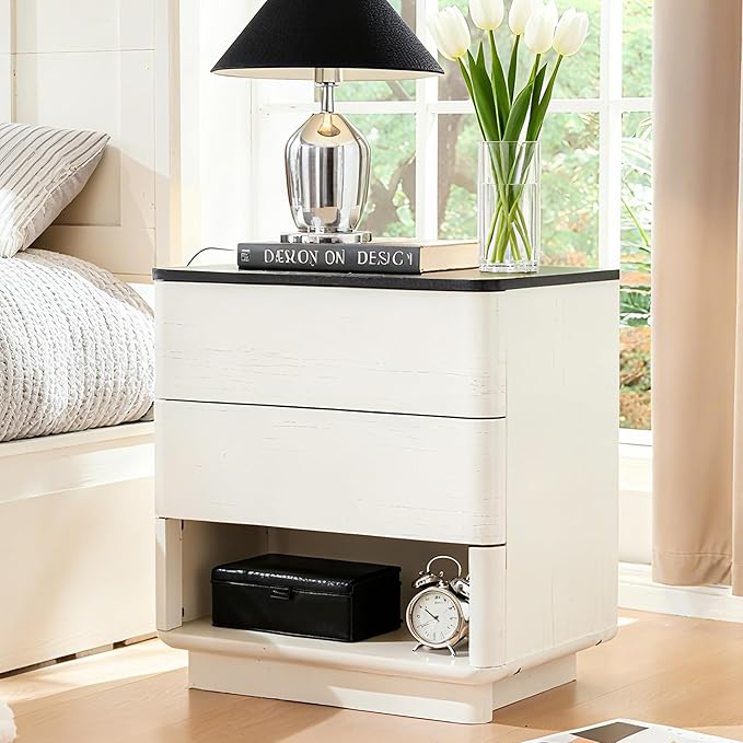 JXQTLINGMU 22" Modern Nightstand Set of 2 with Charging Station, Large Push-to-Open End Table, Wood Bedside Table, Curved Profile, Handleless 2 Drawer Night Stand for Bedroom, Living Room,Off White
