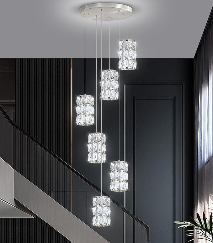 6-Lights Modern Crystal Pendant Lights for Kitchen Island LED Dimmable Glam Pendant Lighting Chandelier for Dining Room Hallway Corner Lamp Nickel