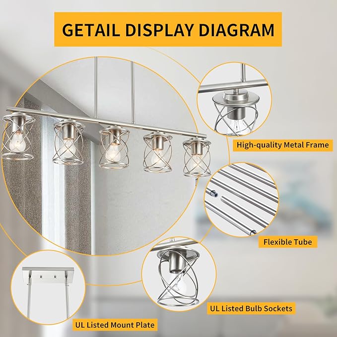 Kitchen Island Light, 5-Light Dining Room Lighting Fixtures Hanging, Farmhouse Linear Pendant Light for Kitchen Island Table Living Room with Adjustable Rods, Brushed Nickel