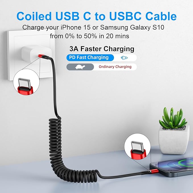 KIYODA USB C to USB C Cable 6ft, 2Pack Coiled USBC Charger Cable for Car, Type C Fast Charging Compatible with iPhone 17/16/15/Plus/Pro/Pro Max/MacBook Pro 2020/iPad Pro 2020/Samsung Galaxy S23-Red