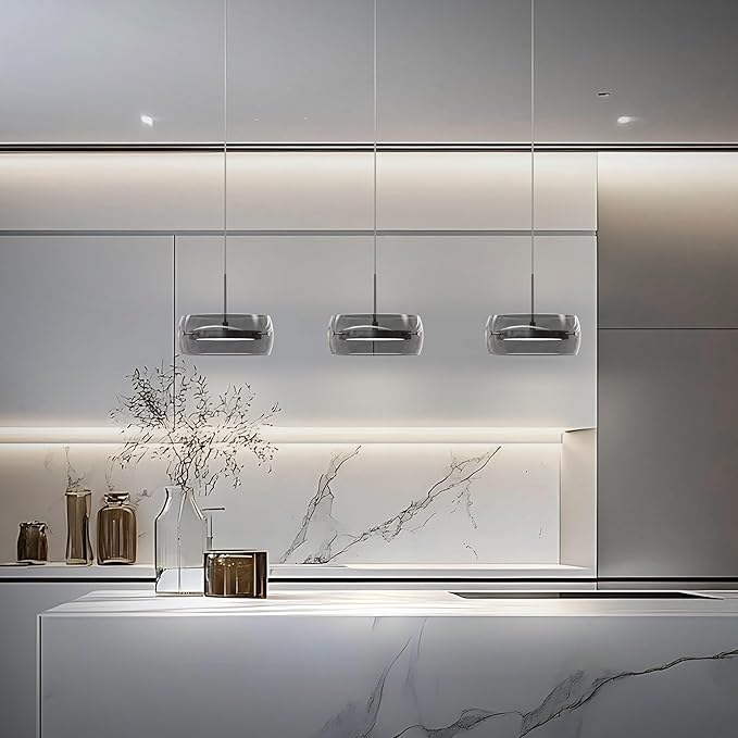 Pendant Lights Kitchen Island Dual-Sided LED Lighting, Adjustable Hanging Length, Smoked Glass Shade, Dimmable, Modern Ceiling Light Fixture for Dining Room, Bar, Living Room, Chrome Silver