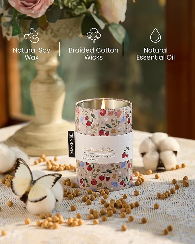 M&SENSE Raspberries Rain Scented Candle, Medium Jar Candle 11.3oz Natural Soy Wax for Home Scented, Floral Candles Gift for Spring Holiday, Up to 70 Hours Burning Long-Lasting Fragrance
