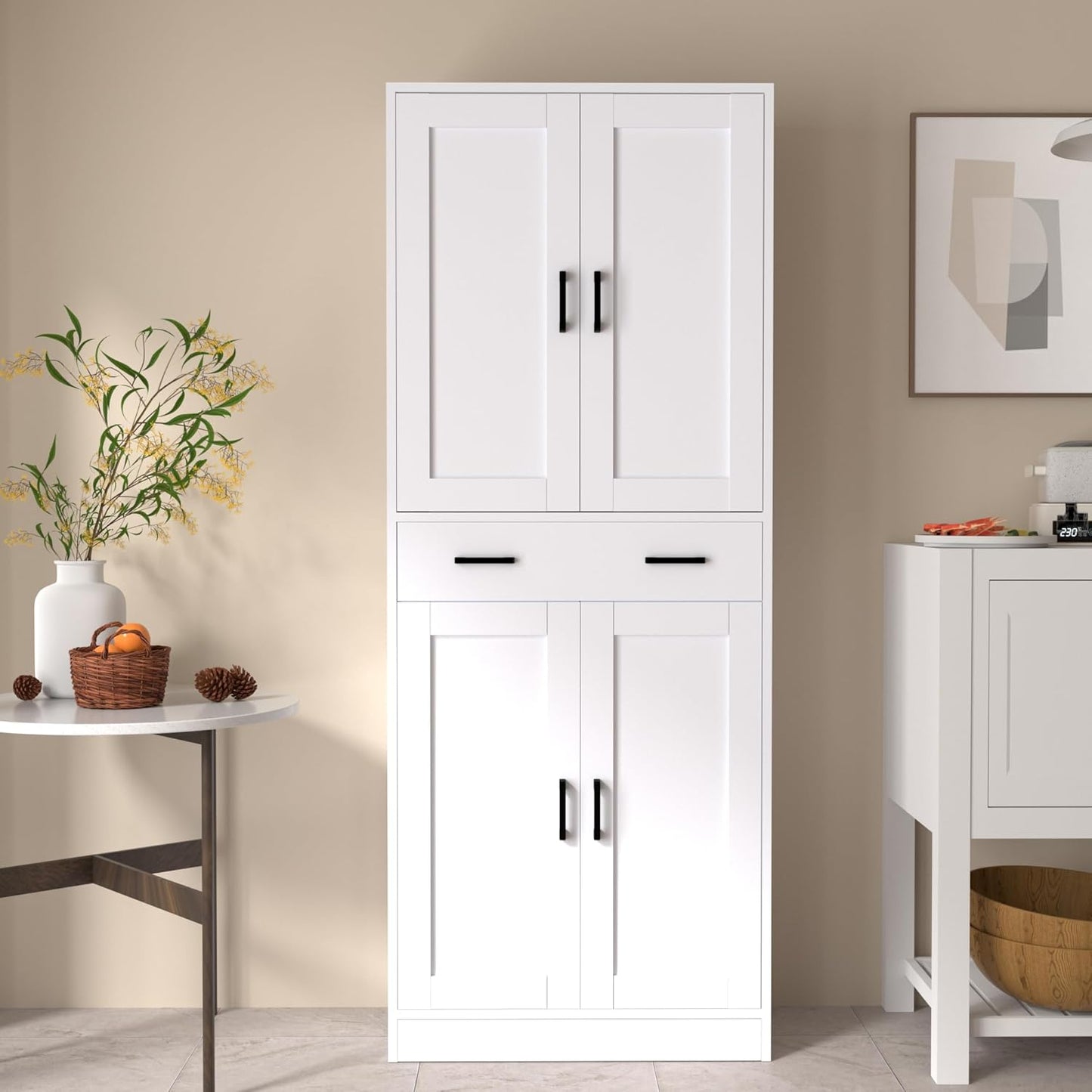 White Kitchen Pantry, 71" Tall Storage Cabinet with Doors and Drawer for Kitchen, Hallway, Office