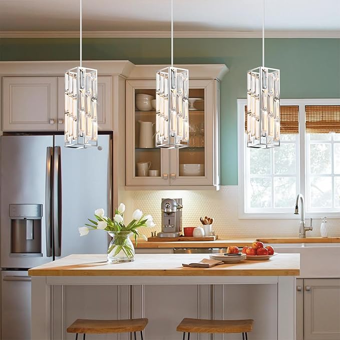 Chrome Pendant Lights Modern Pendant Light Fixture, Mini Crystal Pendant Ceiling Light, Pendant Light for Kitchen Island, Dinning Room, Bedroom, Kitchen Sink Lighting (2-Pack)