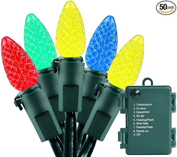 Battery Operated Christmas Lights - 18ft 50 LED C3 String Lights Xmas Lights Battery Powered Twinkle Lights for Indoor Outdoor Christmas Tree Wreath Party Decoration, Waterproof, Multicolor