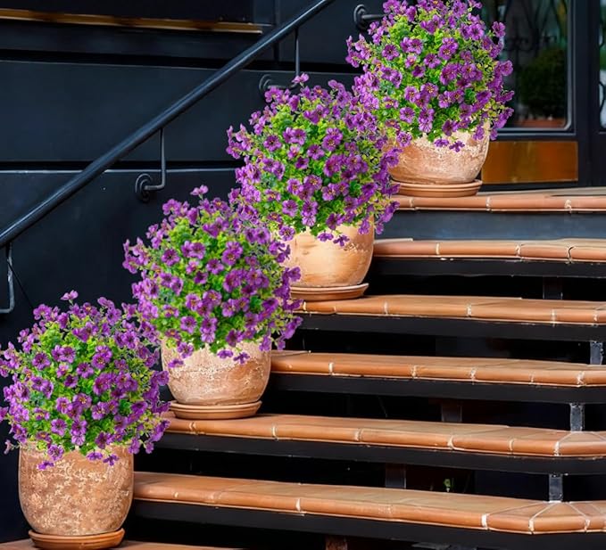 Christmas Decorative Plants Artificial Topiary Trees with Spike, 2pcs UV Resistant Artificial Bushes with Flowers, Artificial Fake Plants Shrubs for Doorway Porch Garden Decorate (Purple)