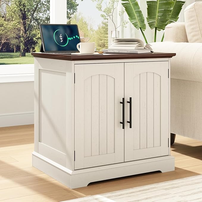 Set of 2 End Table with Charging Station, 24" Large Sofa Side Table with 2 Arched Doors, Farmhouse Wood Square Nightstand Bedside Tables with Adjustable Storage Shelf