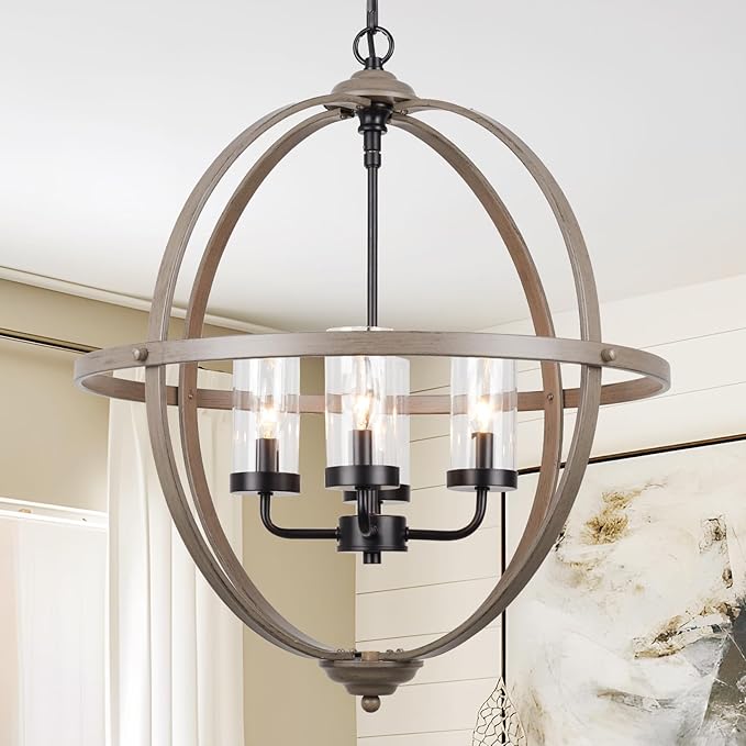 Rustic Chandelier, 20" Wood Finish Hanging Light, 4-Light Globe Vintage Pendant Light Fixture for Living Room, Entryway, Dining Room