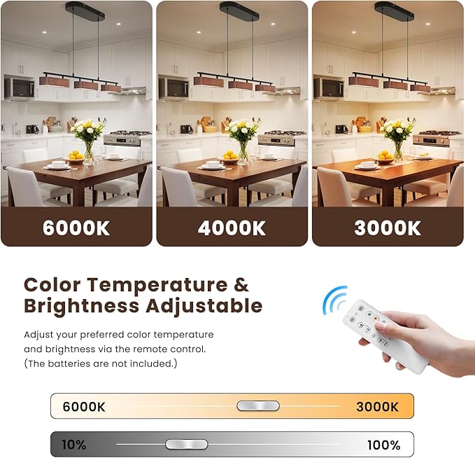 37.6" Kitchen Island Lights, 28W Wood Dining Room Light Fixtures Over Table, Dimmable Linear Pendant Lights for Kitchen Island, 3-Light Rustic Hanging Farmhouse Chandeliers, Walnut Color