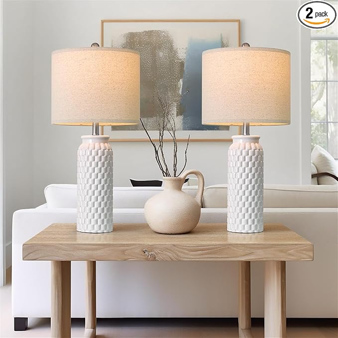 27" White Modern Ceramic Living Room Lamps Bedside Lamp Set of 2 for Bedroom Decor Farmhouse Table Lamp for Living Room Office Dorm