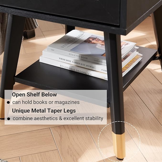 Black Farmhoue Side Table with Charging Station - Small Rustic Nightstand with USB Ports & Outlets, Storage Drawer & Open Shelf, Mid Century Modern Style Furniture for Living Room, Bedroom