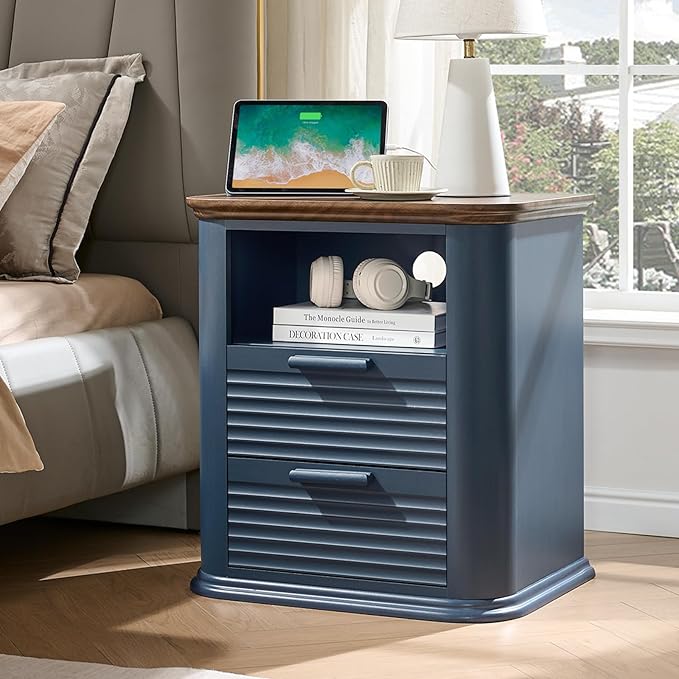 Okvnbjk 22" Fluted Nightstand Set of 2 with Charging Station, Modern End Table with 2 Drawers & Open Storage, Bedside Table for Living Room, Bedroom, Side Tables Curved Profile Design, Navy Blue