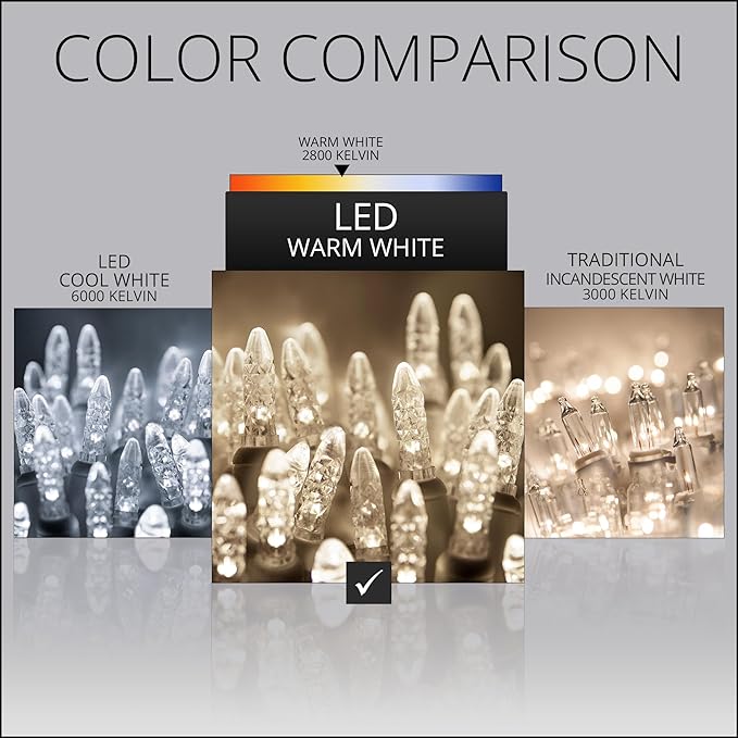70 Warm White M5 LED Christmas Lights, 24 ft Green Wire Indoor/Outdoor Commercial Grade Mini String, Holiday and Outdoor Lighting