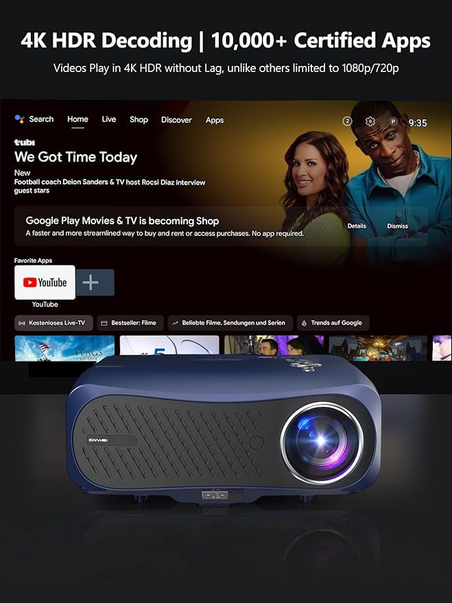 4K HDR Smart Projector with Android TV, DB Audio, Auto Focus, 2200ANSI High Brightness WiFi Bluetooth, HDMI ARC, Low Latency, 6D Keystone,Wireless for Home Theater Movie Gaming Presentation
