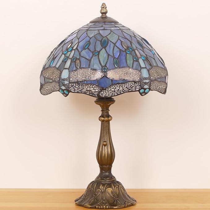 Tiffany Lamp Stained Glass Table Lamp Antique Bedside Reading Light W12H19 Inches (Sea Blue Dragonfly)