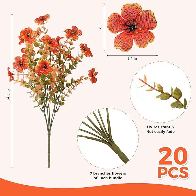 20 Bundles Artificial Fall Flowers for Outdoors Decoration, Fake Mums Silk Daisy Faux Plastic Plants Boston Fern UV Resistant for Autumn Thanksgiving Garden Planters Home Decor, Orange