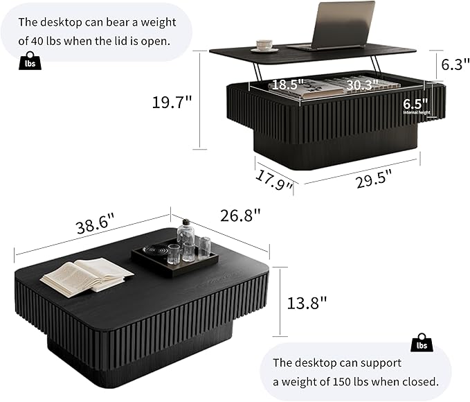 38.6" Lift Top Coffee Table, Modern Fluted Tea Table with Hidden Storage for Living Room, Apartment or Office, Black