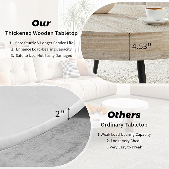 LKTART Coffee Table for Living Room, Round Wood Coffee Tables, Modern Metal Accent Center Tea Table for Apartment Small Space (31Inch-Mars Light)