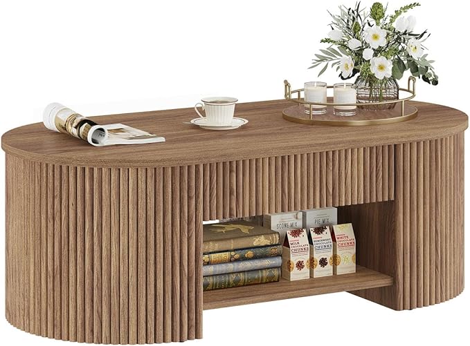 FATORRI Coffee Table for Living Room Storage, Modern Wood Center Table with Drawer, Farmhouse Oval Fluted Living Room Tables with Shelf (Walnut, 43.31 Inch)