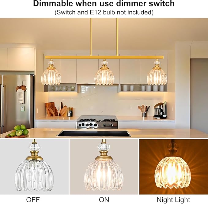 Gold Island Light for Kitchen, 3-Light Linear Chandelier for Kitchen Island with Tulip Glass Shades, Brushed Gold Finish Hanging Light Pendant Fixture Over Dining Table