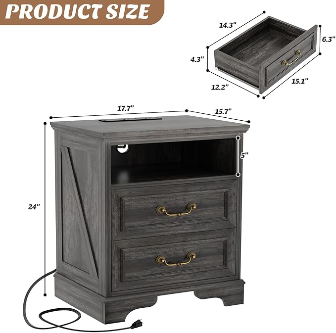 Unikito Farmhouse Nightstand with Charging Station, Bedside Table with 2 Large Drawers & Vintage Handles, Side Table with Open Storage for Bedroom Living Room Sofa Couch Office (Gray Oak)