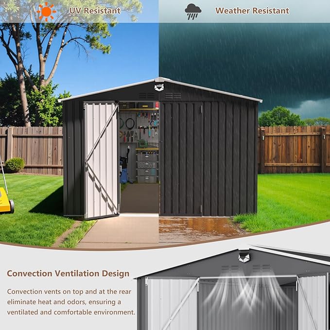 10x12 FT Outdoor Storage Shed, Metal Sheds & Outdoor Storage, Waterproof Sheds with Lockable Doors for Backyard (Black, with Window)