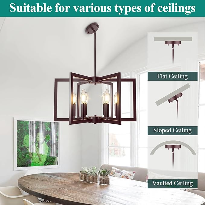6-Light Oil-Rubbed Bronze Chandelier, Farmhouse Dining Room Light Fixture, Modern Chandelier, Geometric Industrial Metal Hang Lighting Fixture for Foyer Entryway Kitchen Over Table Hallway Living Room