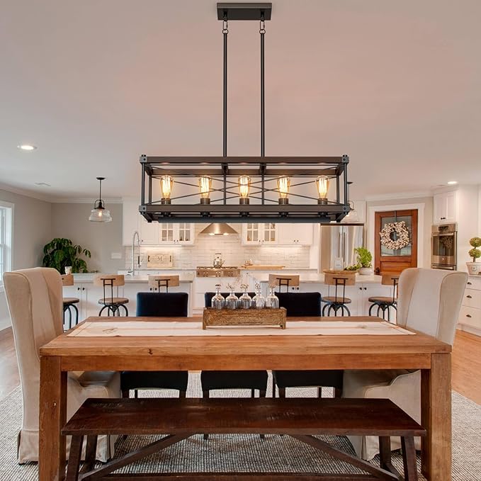 Farmhouse Kitchen Island Lighting, 5-Light Solid Wood 31.5” Dining Room Pendant Light Fixtures, Rustic Chandelier with Adjustable Height for Dining Room Kitchen Bar Pool Table, Walnut Color