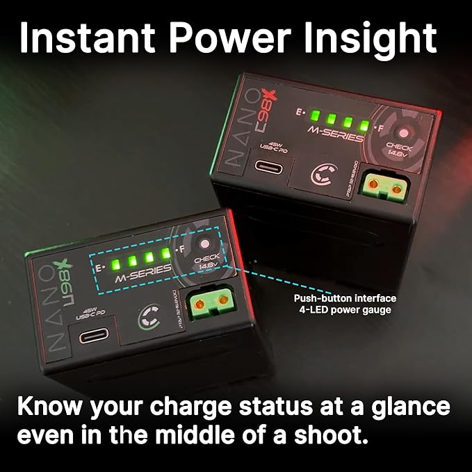 CoreSWX LLC Core NANOU98X, 98wh Micro Sized Sony BPU-Style Smart Battery Pack, 14.8v 6.6Ah. 10A Draw with Fuel Gauge, USBCPD and Ptap