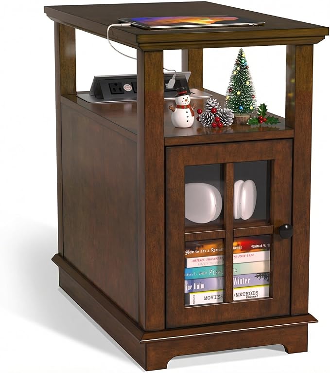 HIFYOBRO End Table with Charging Station, Narrow Side Table with Storage, Nightstand for Small Spaces with USB Ports & Power Outlets Bedside Table-Cherry