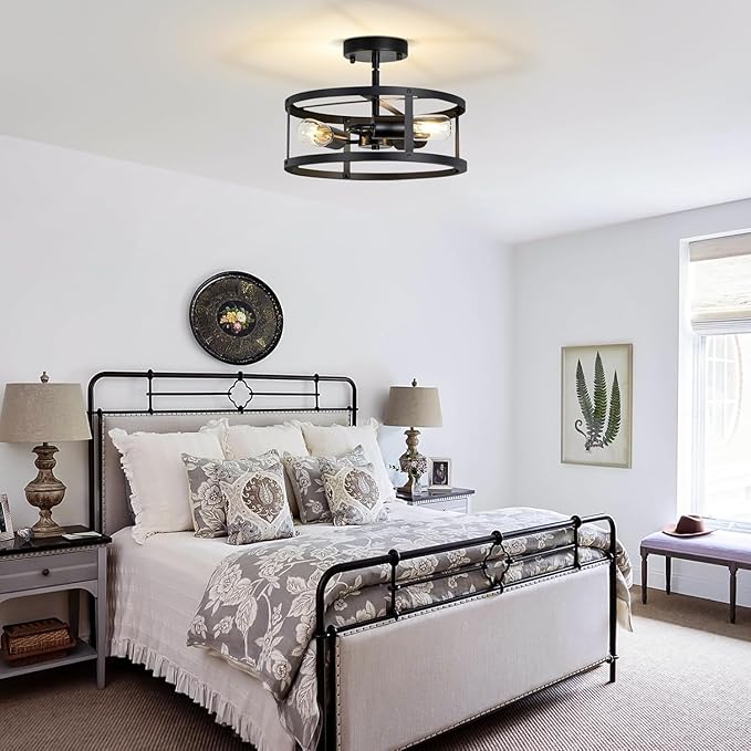 Farmhouse Semi Flush Mount Ceiling Lights, 2-Light Black Metal Cage Rustic Chandelier, Industrial Pendant Lighting for Hallway, Bedroom, Kitchen, Foyer, Living Room, Dining Room, Entryway