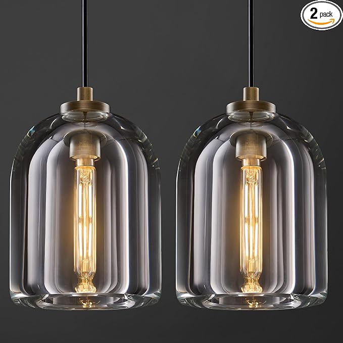 Crystal Pendant Light Kitchen Island: Set of 2 Vintage Brass Hanging Lights above Dining Table - 5.1" K9 Crystals Lighting over Kitchen Sink - Luxury Cylinder Pendants Light Fixtures Bulbs Included