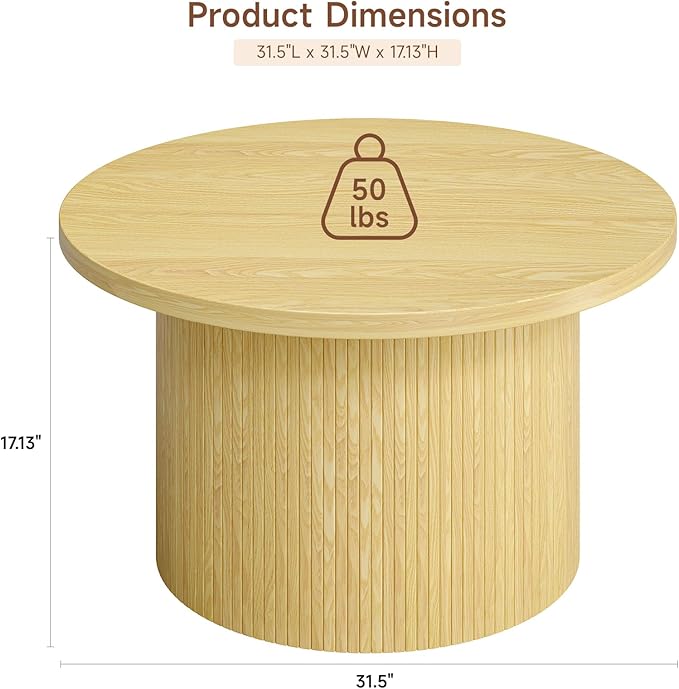 ONBRILL 31.5" Round Coffee Table, Tambour Design Coffee Tables for Living Room, Mid Century Modern Wood Coffee Table, Drum Accent Small Center Table, Oak