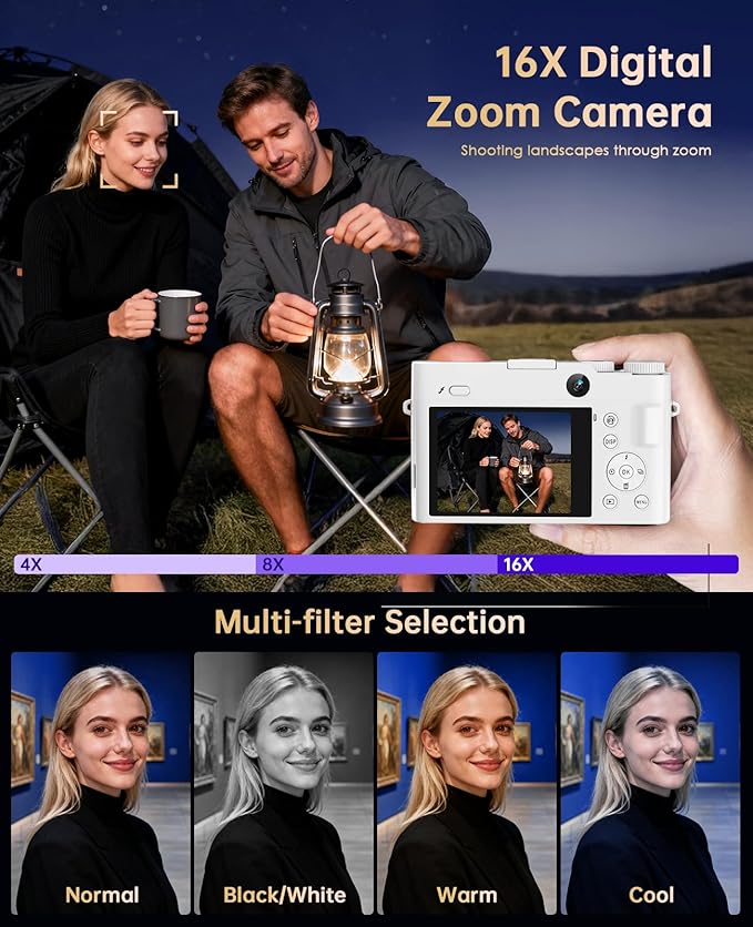 4K Digital Camera for Photography - 64MP Autofocus Vlogging Camera for YouTube with Dual-Lens - 16X Digital Zoom Anti Shake 3'' Selfie Compact Camera with Flash, 2 Batteries, Charging Stand-White