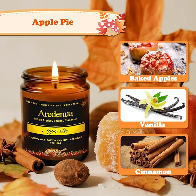Apple Pie Candles – Apple Candles for Christmas, Holiday Winter Scented Candle with Warm Cinnamon & Baked Apple Aroma for Christmas Home Décor, Cozy Seasonal Candle Gift for Women & Men
