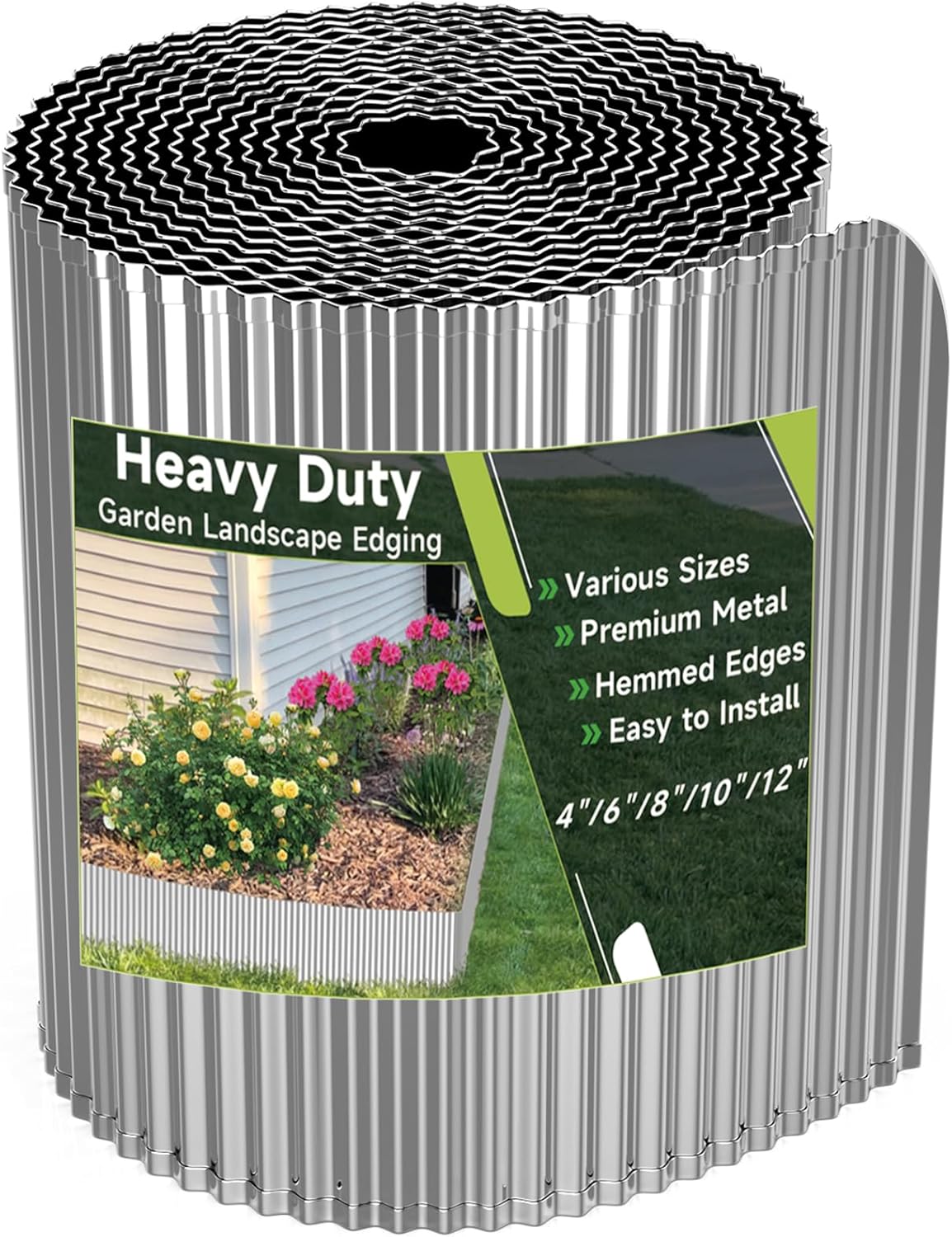 Corrugated Garden Edging,8"×10Ft Galvanized Steel Landscape Edging & Lawn Edging Border, Metal Garden Border for Flower Beds, Garden，Lawn，Raised Beds & Tree Surrounds (Silver)