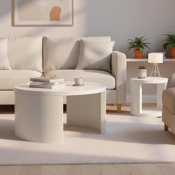 Round Coffee Table Set of 2, Nesting Coffee Tables with Storage,Living Room Table Set,Modern Wood Center Table for Living Room,Apartment,31.5" & 18" Coffee Table Set,White