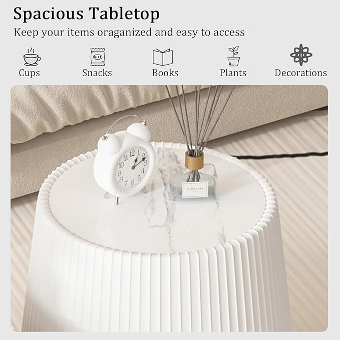 19.68" White Round Coffee Table, Drum Coffee Table with Sintered Stone Tabletop and Fluted PU Leather Covered and Stable Base, Circle Cocktail Tea Table for Living Room