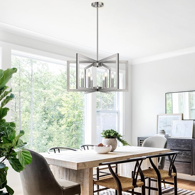 25" Modern Brushed Nickel Chandelier for Dining Room, No Assembly Required Brushed Nickel Dining Room Light Fixture Over Table, Industrial Metal Hanging Pendant Lights Fixture for Kitchen Island