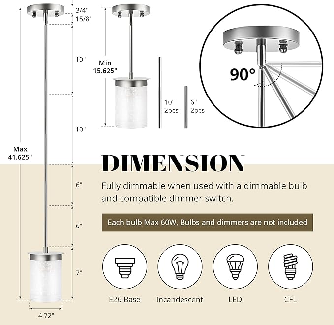 Modern Pendant Light Glass Shade, for Kitchen,Dining Room,Bedroom, Bar,Office,Farmhouse,Sand Nickel,4.72 Inch Shade 40 Inch Cord(Glass is Treated with Cloth Patterns)
