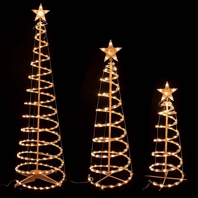 Set of 3 Spiral Outdoor Lighted Christmas Tree, 3/4/6 Feet Christmas Lights with 7" Star Topper, UL Certification Collapsible Spiraling Tree Light Kit for Xmas Patio Wedding Decoration, Warm White