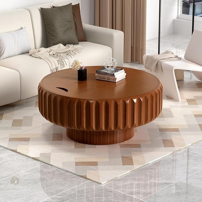 31.5in Drum Coffee Table with Storage Modern Unique Fluted Tea Table Contemporary Round Coffee Table with Fluted Center Table for Small Space Apartment(31.5in)